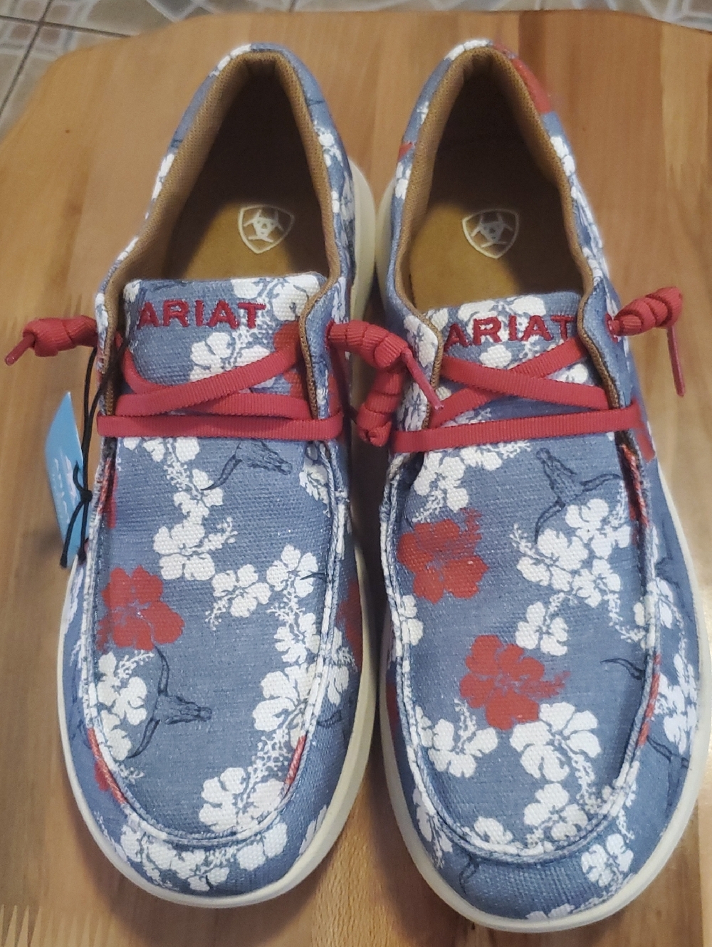 Ariat Blue Floral Canvas Boat Shoes with Red Accents